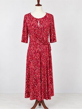 London Times Red Abstract Dot Ruched Waist Midi Dress Size 12.